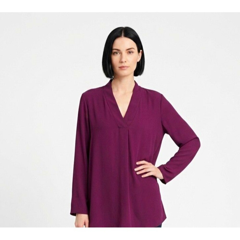 Terra & Sky Womens Top 2X Purple Long button Slv Ruched V-Neck Pullover office